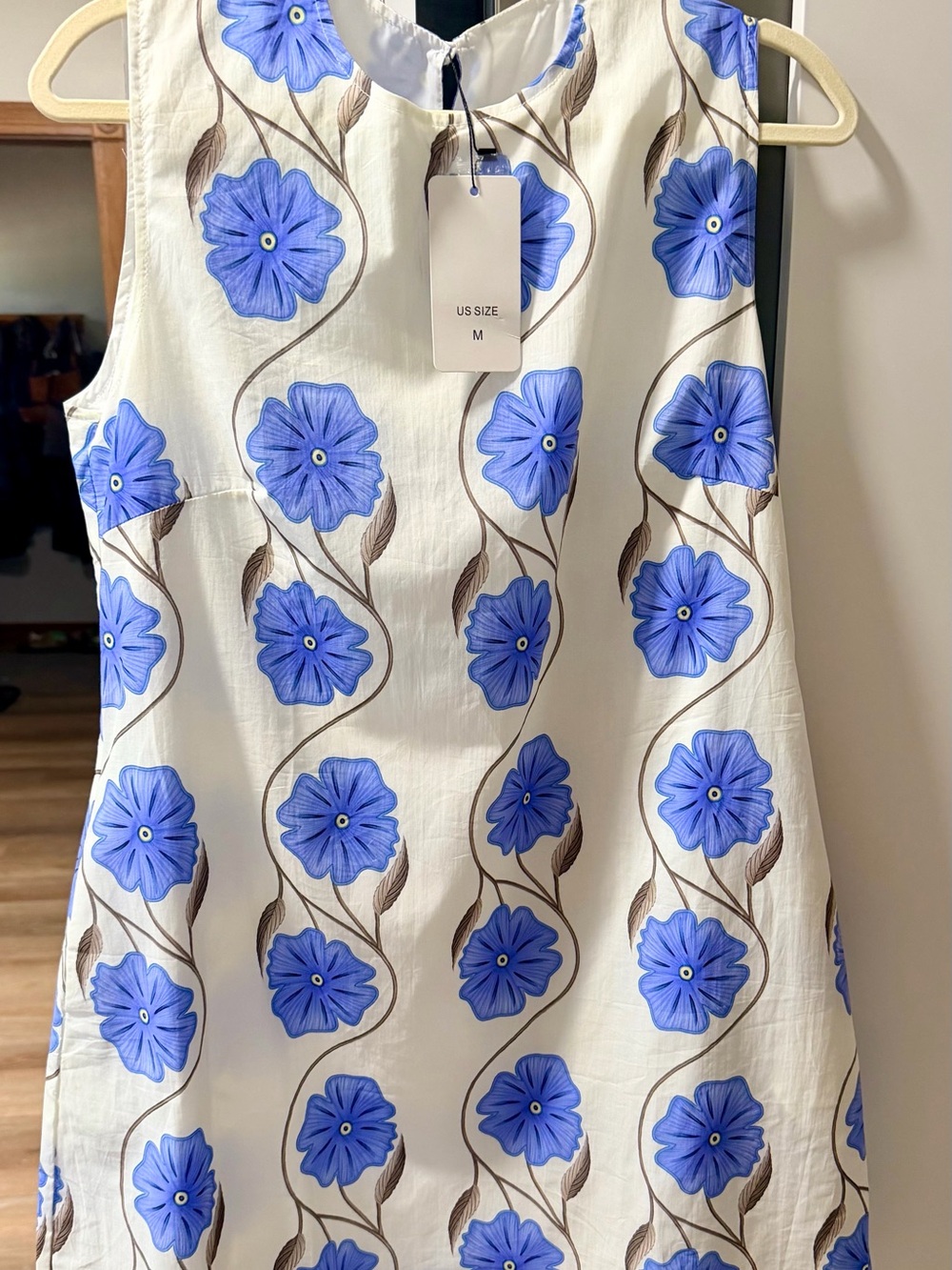 Amazon White Sleeveless Midi Dress with Blue Floral Print